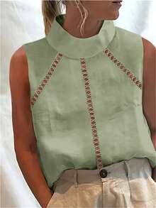 女式高领无袖宽松蕾丝花边衬衫 - 綠色 - 查看 9