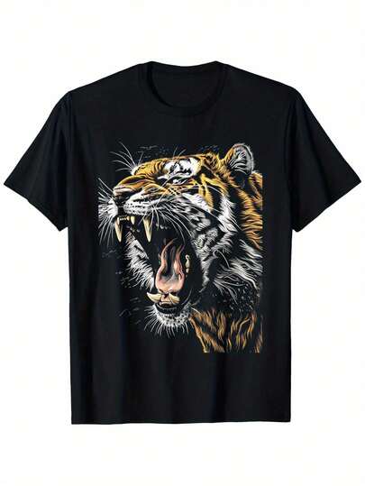 Camiseta Gráfica de Tigre Rugiente para Hombres y Mujeres - Diseño Audaz con Rostro del Tigre, ¡Acentos en Naranja Blanco! Camisa Casual Negra 100% Algodón Suave Transpirable, Estampado Vibrante. Talles S-XXXL. ¡Regalo Perfecto Para Amantes Animales & Gamers! ¡Ideal Pár Fiesta o Uso Diario Todas las Époques! Súper Cómoda Y Duradera