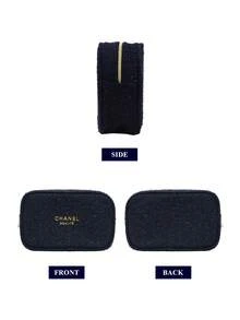 CHANEL 限量版海军蓝毛毡化妆包，拉链化妆袋，饰有金色Logo和山茶花拉链头，奢华化妆包 - 藏蓝色 - 查看 6