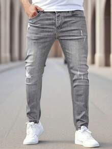Men's Fashionable Distressed Patch Skinny Jeans, Denim Pants - Grey - View 1