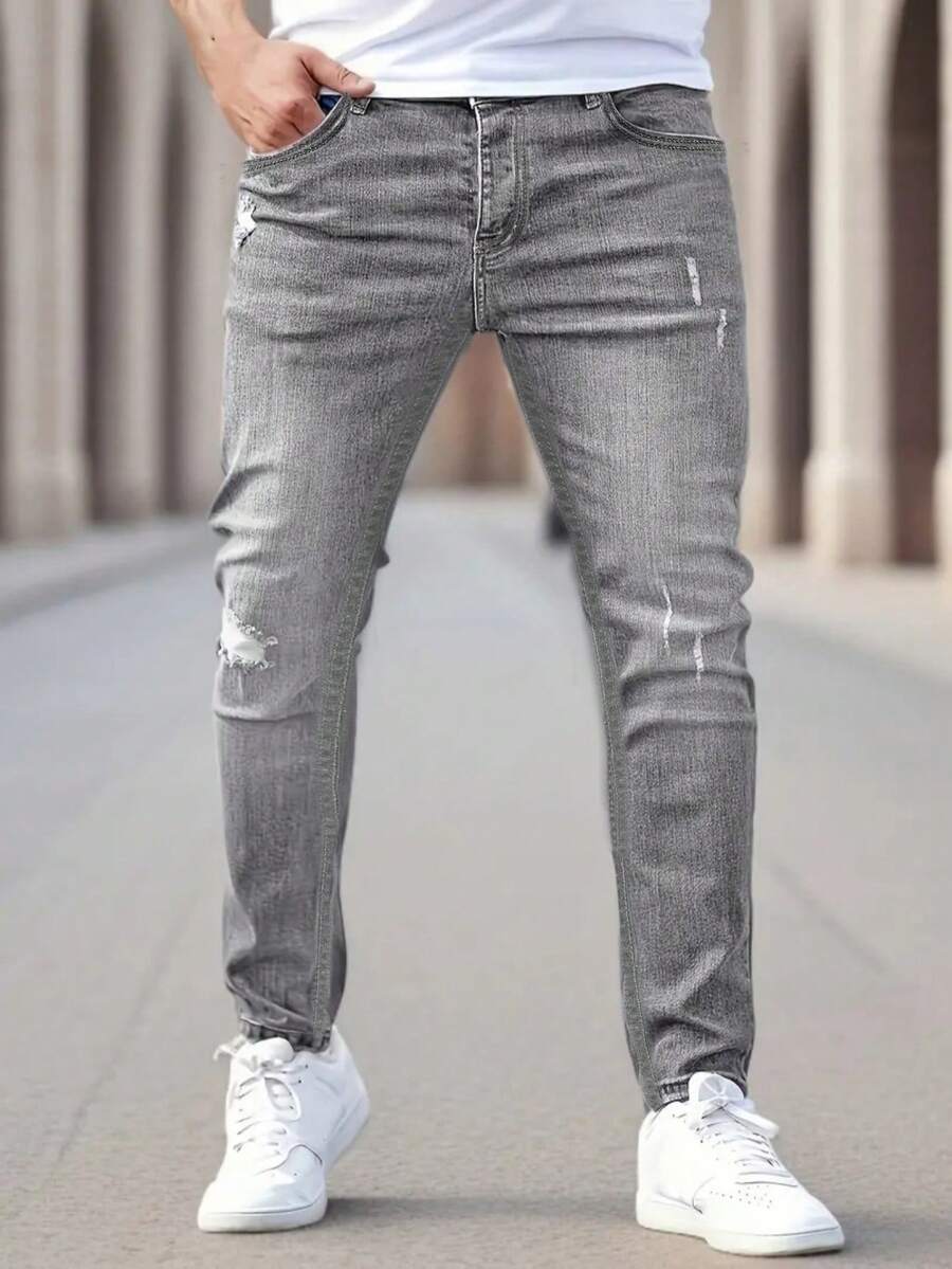 Men's Fashionable Distressed Patch Skinny Jeans, Denim Pants - Grey - View 1
