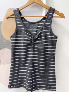 Pure Cotton Tank Top With Ribbed Design In The Middle, Knitted Fabric With Buttons. - Dark Gray Stripes - View 2