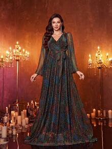 女式 V 领喇叭袖亮片拼接优雅派对晚会伴娘礼服