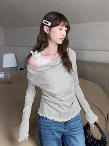 女士休闲蕾丝边长袖衬衫，柔软优雅，秋冬