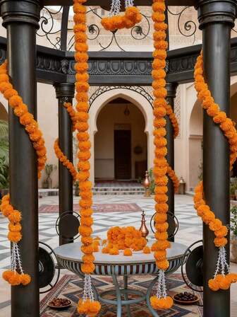 Cuerdas de flores artificiales de Rajnigandha (Tuberosa) y Marigold (Genda) esponjosas y agrupadas para decoración del hogar, balcón, paredes, salón y festividades - Aproximadamente 2.33 pies. Regalos para mujeres, regalos para mamá, regalos, flores, estambres, manualidades, decoración de habitaciones, decoración de dormitorios, plantas, decoraciones de boda