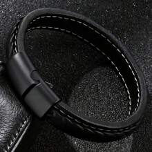1pc Men's Stylish Braided PU Leather Bracelet, Minimalist & Elegant, Unisex, Accessory, Versatile For Daily Wear, Ideal Gift For Friends, Partners, Holidays And Birthdays - PU Braided White Thread Bracelet With Black Clasp - View 2