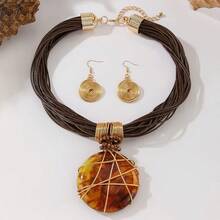 Conjunto de collar y aretes de fiesta de estilo glamoroso bohemio vintage, hecho a mano con alambre de aluminio multicapa exagerado, cristal artificial y resina trenzada, estilo UE/EE. UU. - Café - Ver 3