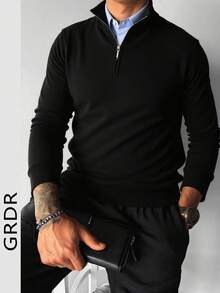 GRDR Men's Casual Long Sleeve Half-Zip Pullover Sweater, Versatile For Daily Wear - Black - View 1