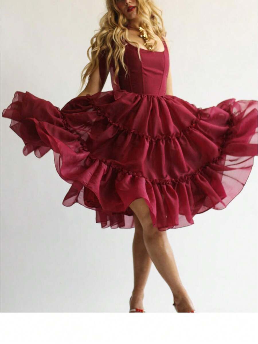 Tulle Prom Dresses Ruffled Trim Tie Back Sleeveless Long Formal Evening Dresses For Women A-Line Open Back Cocktail Ball Gown - 酒紅色 - 查看 1