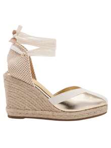 Alpargatas de Cuña Doradas con Cintas Ajustables para Estilo y Comodidad: Descubre el Calzado Ideal para el Verano con Punta Metalizada y Suela de Esparto, Perfectas para Looks Sofisticados; Tacón de 9 cm para una Pisada Estable y Elegante, Combinan con Vestidos y Faldas Informales, Disponibles en Tallas 36-41; Planta Interior de Piel para Máximo Confort y Cierre con Hebilla en Color Oro, Conviértelas en tu Imprescindible para Cualquier Evento Estival. - ORO - Ver 3