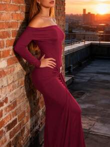 女士新款加大码长袖修身露肩腰部褶皱缎带时尚优雅性感浪漫复古派对舞会夜店针织长裙，秋冬春季 - 酒紅色 - 查看 3
