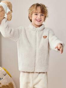mini bala Teddy Bear IP Collaboration Kids Reversible Fleece Jacket Soft Cozy Home & Outdoor Wear - Light Khaki - View 1