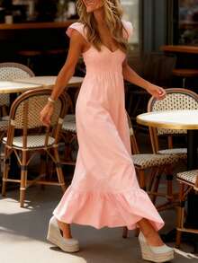 女士春季服装 女士夏季服装 度假连衣裙 红色时尚休闲度假纯色简约舒适露肩连衣裙系列设计优雅飞袖女式长裙