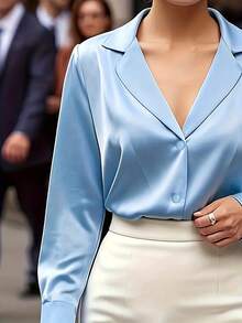 Chemise à boutons de couleur unie, blouse élégante pour dames, convenant au printemps et à l'été, vêtements pour femmes - Bleu ciel - Voir 2