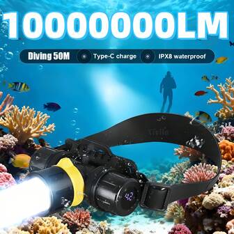 2025 Professional Diving Headlight With LED Spotlight For Deep Diving Up To 50M Intelligent Digital Display Flashlight With 18650 Battery, Suitable For Underwater Exploration, Fishing, Beachcombing And Supplemental Lighting