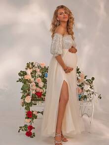 Joyfunear 孕妇亮片撞色网纱露肩开衩下摆连衣裙