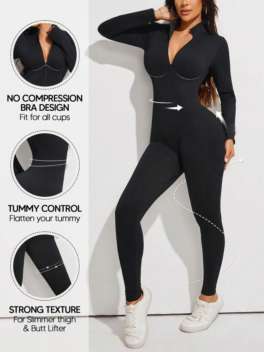 Women's Front Zipper Long Sleeve Bodysuit - Black - View 1