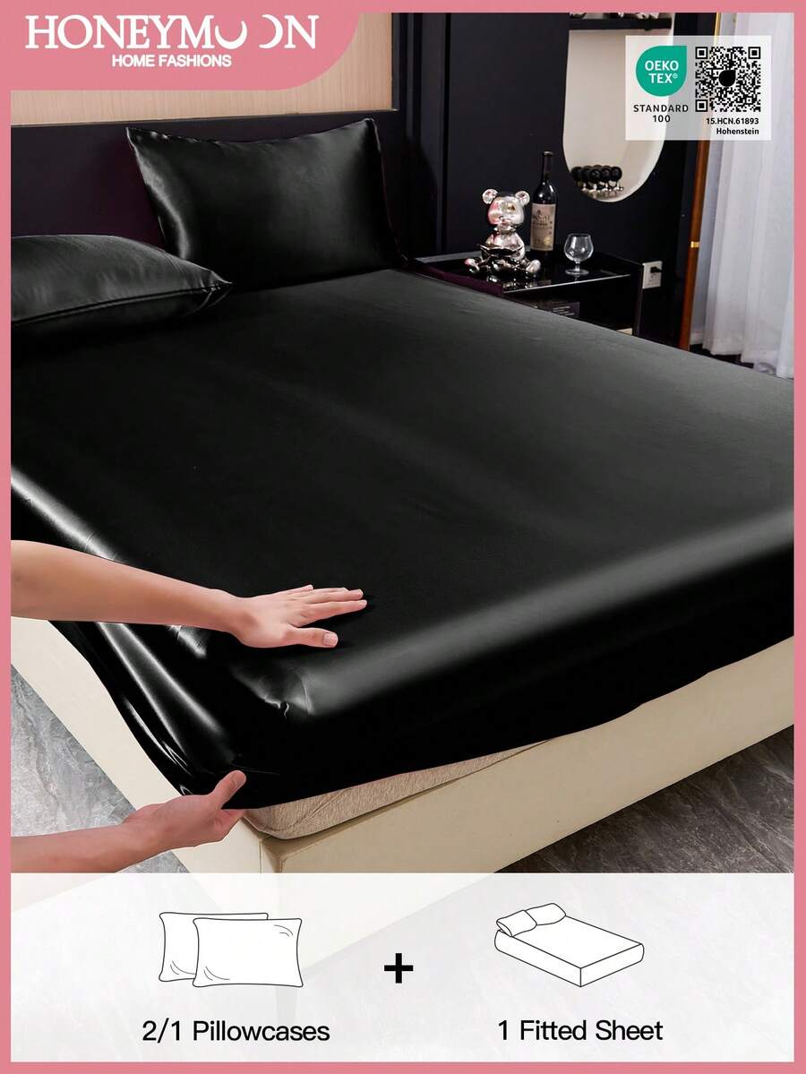 2件/3件套缎面床上用品套装(1张缎面床单+1/2个缎面枕套),奢华缎面床垫套,适合9-12英寸厚床垫,丝滑柔软透气,防缩水,适用于T/F/Q/K尺寸的家庭和宿舍,通过OEKO-TEX认证,送给妈妈的绝佳礼物,黑色 - 黑色 - 查看 1