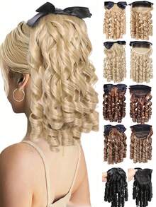 14-Inch Synthetic Fiber Wavy Ponytail Hair Extensions With Bow Tie, Retro Style, Universal Fit, Adds Elegance And Volume - Suitable For All Occasions - Multicolor - View 1