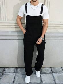 212 New Vintage-Style Men's Plus Size Denim Overalls Relaxed Wide-Leg Silhouette For Effortless Comfort Classic Pure Black Wash For Timeless Versatility Multi-Pocket Utility Design With Structured Tailoring Metal Button Accents Stretch Fabric For Machine Washability All-Season Wear Essential Men's Plus Size Overalls For Everyday Casual Styling - 黑色 - 查看 4