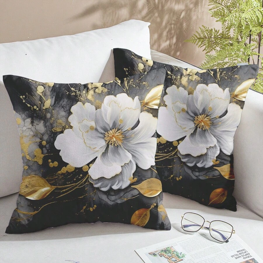 2件装波西米亚风抱枕套，经典简约奢华抱枕套，白色花卉图案靠垫套，适用于客厅、卧室沙发和椅子（不含枕芯） - 多色2 - 查看 1