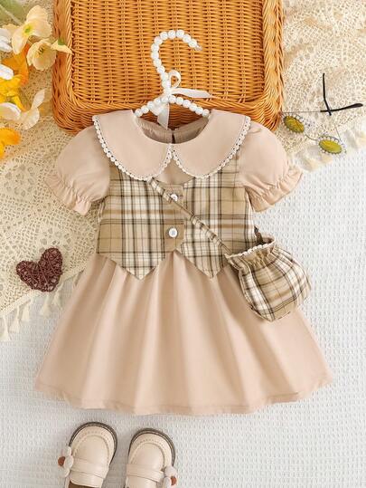 3件套女婴碎花蕾丝边纯色连衣裙，格子印花背心配蕾丝边配饰，复古风春夏套装