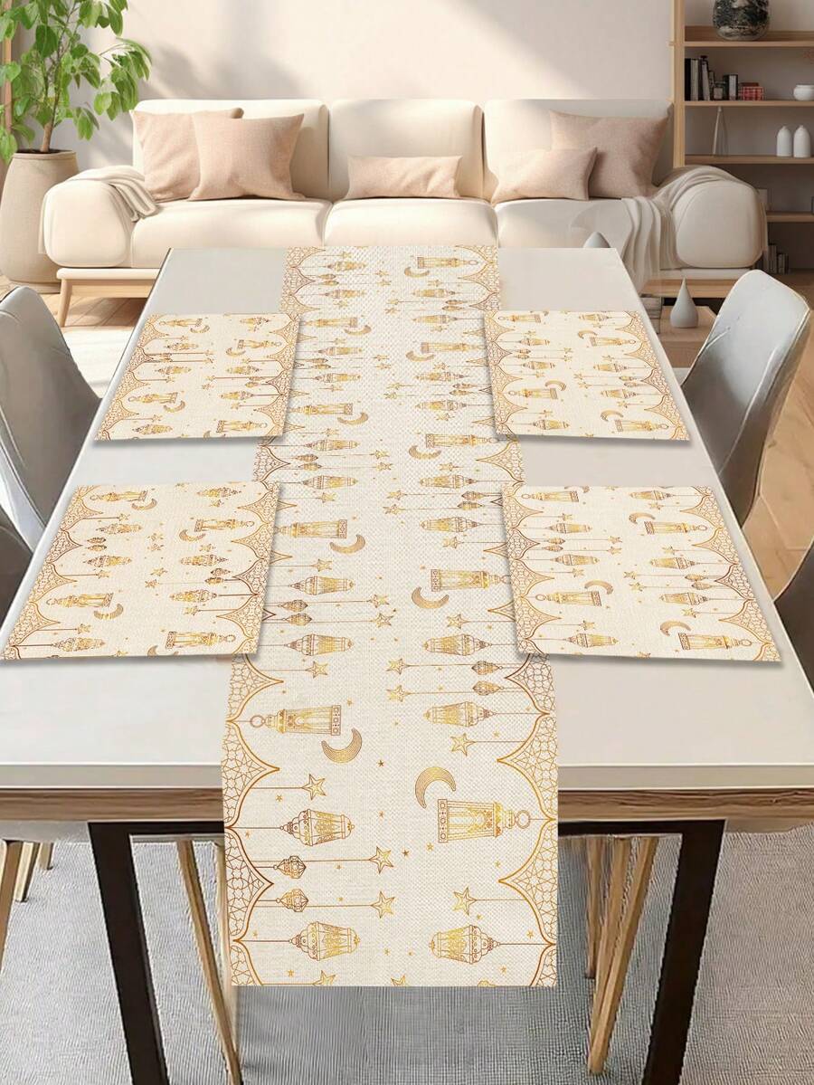 1 khăn trải bàn in họa tiết Ramadan, 4 miếng lót đĩa in họa tiết Ramadan, thích hợp cho lễ hội, tiệc tùng, sinh nhật, bữa tối, trang trí bàn bếp & phòng ăn, trang trí nhà cửa & phòng khách mọi mùa - Nhiều màu - Xem 1