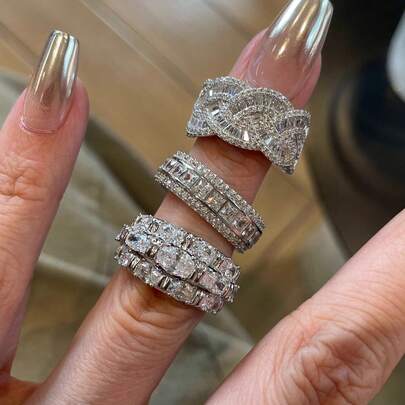1pc Silver Double Layer Zirconia Ring, Fashionable Open Ring Suitable For Daily Matching, Stackable Jewelry Gift For Women