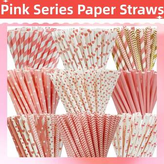 100 piezas/Paquete Pajitas de papel de la serie rosa - 6*197mm, bebidas rosas, adecuadas para niñas, perfectas para fiestas festivas y bodas, combinadas con decoraciones románticas.