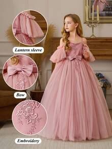 Tween Girl Pink Lace Trim Bow Elegant Christmas Party Dress, Princess Dress Suitable For Girls Birthday Party, Flower Girl Wedding, Teenager Prom, Thanksgiving, Graduation Ceremony - Pink - View 5