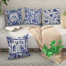 4-Pack Chinoiserie Throw Pillow Covers, 18x18 Inch, Blue And White Floral Bird Tree Pattern, Contemporary   Decorative Pillowcases, Zipper Closure, Machine Washable For Living Room Sofa Bed Decor - Polyester - A - 查看 5