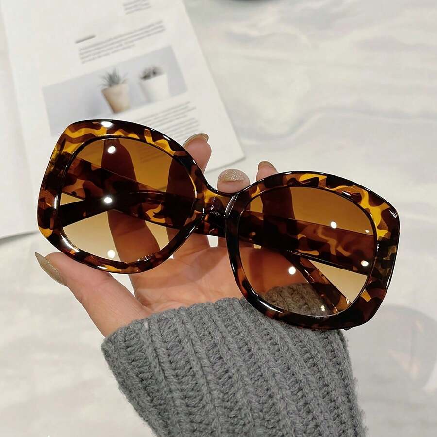 1 Oversized Retro Women's Fashion Glasses - Thick Frame Large Frame Retro Glasses Leopard Print Brown - Slimming And Face-Modifying Female Cat-Eye  Glasses - 棕色 - 查看 1
