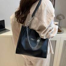 Multineos Comercial Women's Solid Color Chain Decoration Shoulder Bag, Lightweight Minimalist Large Capacity Shopping Bag For Daily Use, Office Work And Travel, Fashion Hobo Bag, Crossbody Bag, Backpack, Thank You Gift For Teachers, Back To School, Student Bags, Multiple Compartments, Perfect For Beach, School, Work And Daily Use - 黑色 - 查看 5