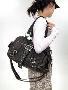 Y2K 街头风女士个性化鳄鱼纹手提包，大容量复古铆钉工艺单肩包，多口袋拼接可拆卸肩带，斜挎包，日常、工作、派对皆宜，是绝佳的节日时尚礼物。 - 黑色 - 查看 6