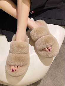 2025新款女士厚底高跟毛绒拖鞋，适合户外穿着，秋冬季网红风，娇小身材适用，增高厚底一脚蹬拖鞋，办公/居家两用，尺码34-42 - 卡其色 - 查看 4