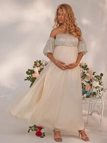 Joyfunear 孕妇亮片撞色网纱露肩开衩下摆连衣裙