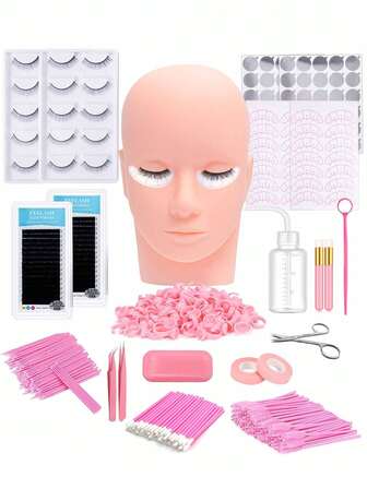 睫毛嫁接套装 专业睫毛移植训练工具 假人头 0.07D 卷度混合练习睫毛条，练习用镊子，初学者睫毛训练套装（粉色）