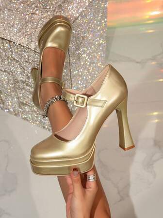 1 par de zapatos de tacón con hebilla de unicolor, de plataforma gruesa y boca poco profunda, tacón súper alto para mujer