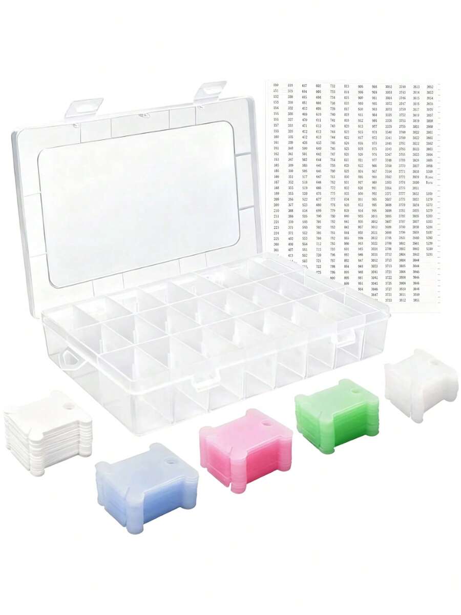 150 pezzi Set di scatole per conservare fili da cucito in plastica colorata, organizer per fili da ricamo con rastrelliera avvolgifilo e adesivi con numeri dei fili, adatto per cucito fai-da-te, ricamo, punto croce - Colore rosa, blu, verde, bianco latte, trasparente - Visualizzare 1