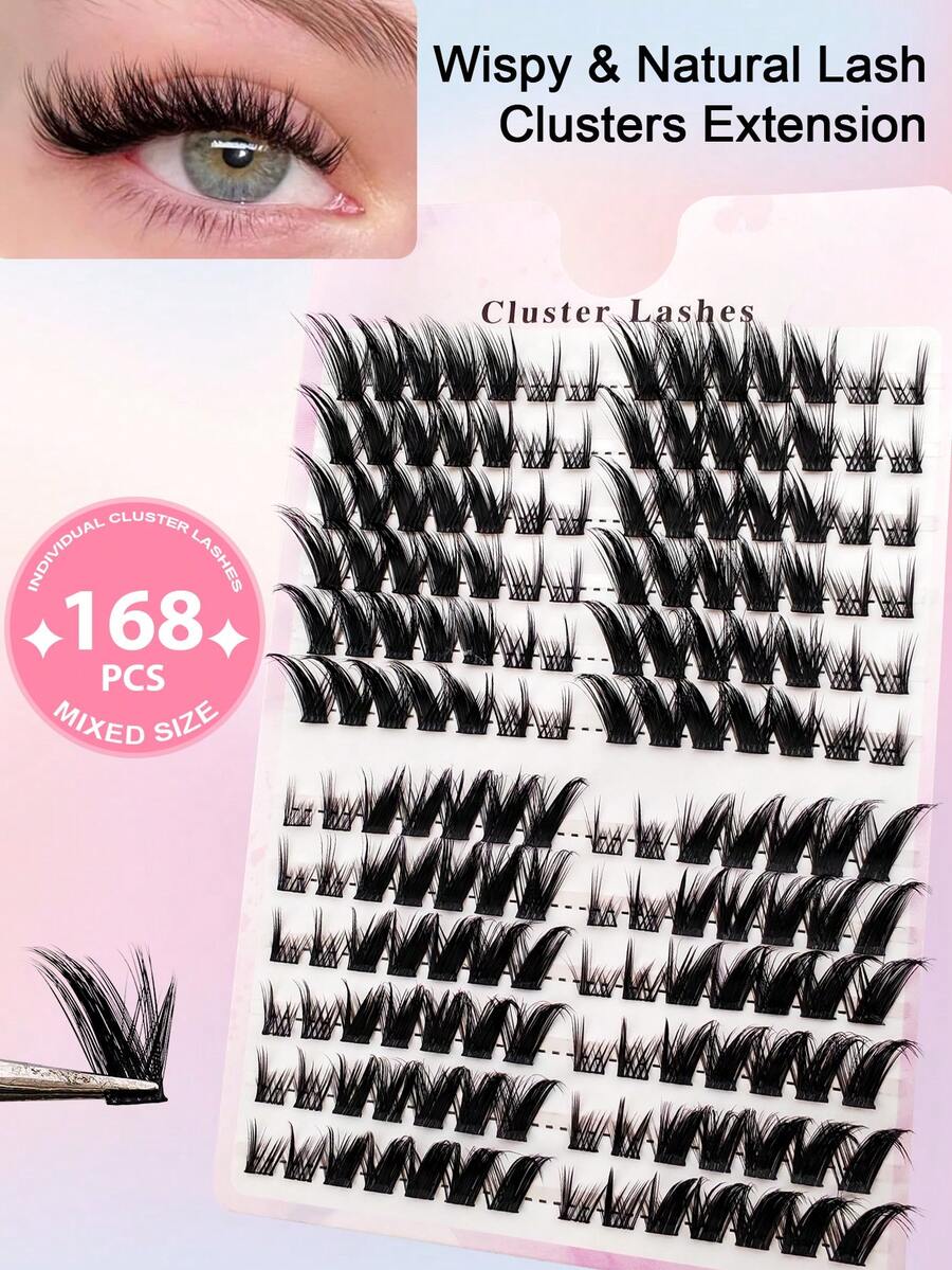 168pcs C-Curl Thick & Dense DIY Eyelash Extension Lashes, Thick Cat Eye Lashes, Thin Lashes, 8-16mm Eyelash Extension Lashes - 黑色 - 查看 1