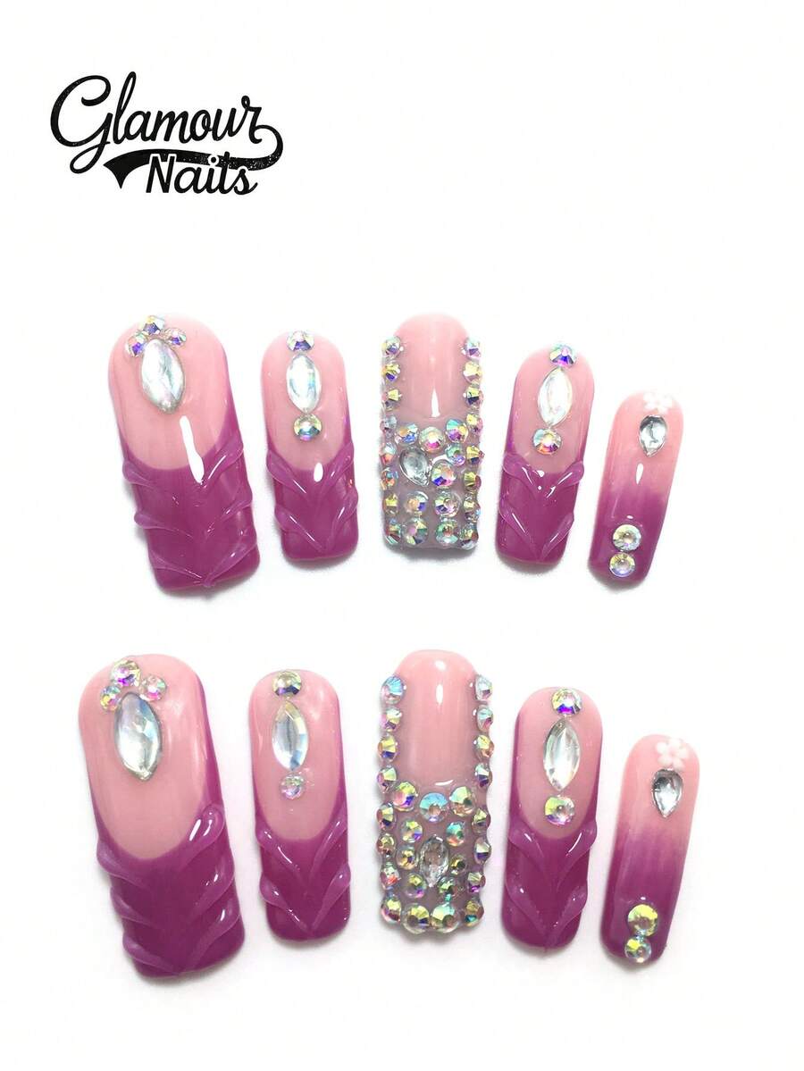Each Set Includes 10 Pieces Of Y2K Square-Style Handcrafted Acrylic Nail Tips, Featuring French Design With Rhinestone, Crystal, And Starfish Decorations. Available In Multiple Color Tones And Nude Shades. Three Sizes Are Provided To Fit Various Needs, Suitable For Parties, Galas, And Daily Wear. Includes A Nail Tool Kit, Making It The Perfect Press-On Nails (Worn Nails) Gift For Women And Girls. - Multicolor - View 1