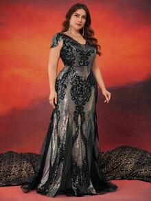 Vestido de festa BluePlum - Vestido longo sereia feminino com apliques de renda, tule e lantejoulas, elegante vestido de noite sem mangas com decote em V para convidadas de casamento, festas e coquetéis, preto. - Preto - Ver 1