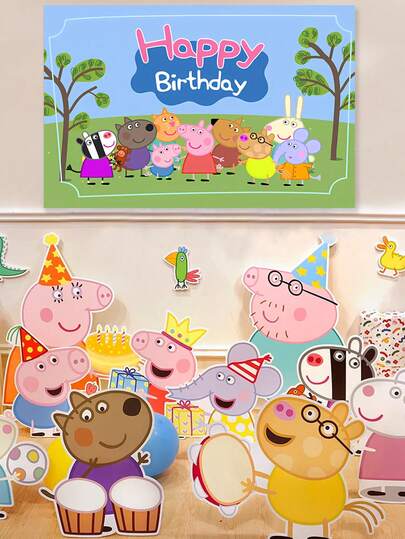  Peppa Pig Theme Cartoon Bedroom Dormitory Rental Room Decoration Birthday Banner Cartoon Animal Scene New Little Pig Birthday Background Cloth Banner Cartoon Theme Party Background Decoration Supplies