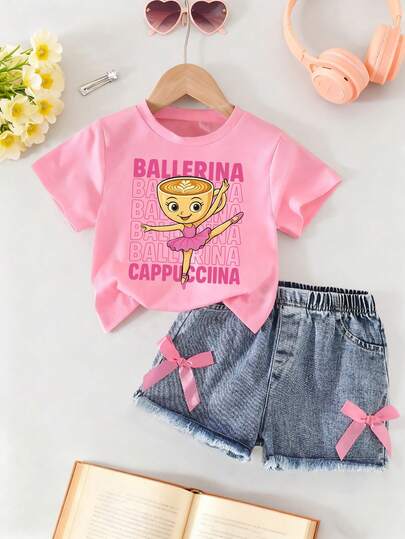 女童卡通印花短袖上衣和牛仔短裤套装