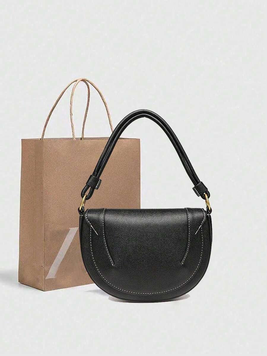 New Autumn Women's Burgundy Saddle Bag By ZA, Featuring Contrast Stitching, Top Handle, And Flap-Over Crossbody Rigid Bag - Black - View 1