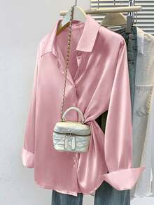 Women's Satin Blouse, Business Casual Button-Up Shirt With Collar Design, Elegant For Office And Leisure Wear, Suitable For Autumn, Winter And Spring