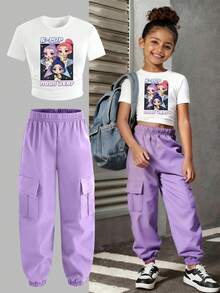 Conjunto de top de manga corta con cuello redondo y estampado de dibujos animados, y pantalones cargo para niñas pequeñas - Blanco - Ver 1
