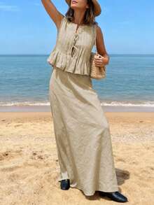 两件套女士休闲无袖褶皱系带露脐上衣和低腰美人鱼长裙，包括裙子、配套吊带背心、飘逸雪纺裙、性感吊带沙滩套装、可爱蝴蝶结装饰，适合春、夏、秋季穿着。