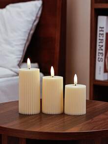Plastic Beige Gear Striped Electronic Flameless Candle Set, Modern Flameless LED Party Candles, Faux Stone Wax Material Home Decor Candle Accessories