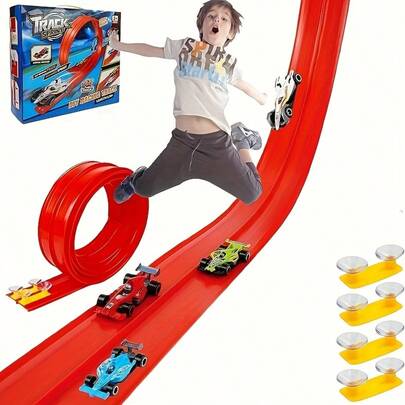 16ft Flexible Race Track With Suction Cups - Portable Reel Design, Suitable For 1/64 Scale Diecast Car Models, Durable ABS Material, No Battery Required. 16.4ft Flexible Race Track Set, Includes 4 Racing Cars And 12 Suction Cups, Portable Ramp Race Track Toy, Suitable For Boys And Girls, Christmas & Birthday Gift, No Battery Needed.